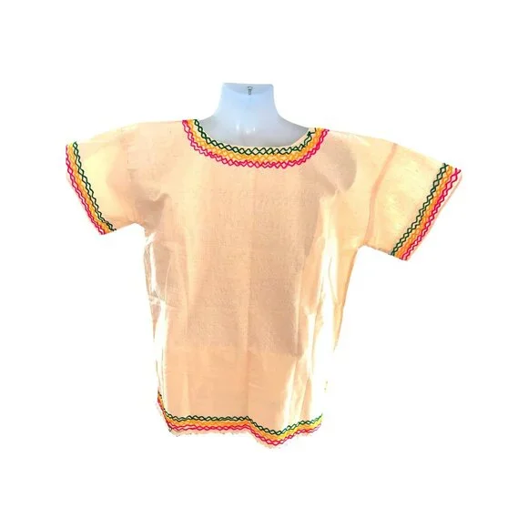 CCC Vintage Ethnic Unisex Top With Colorful Embroidery V Neck Beige Colorful Tri - Picture 4 of 6